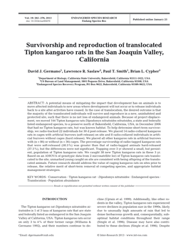 Survivorship and Reproduction of Translocated Tipton Kangaroo Rats in the San Joaquin Valley, California