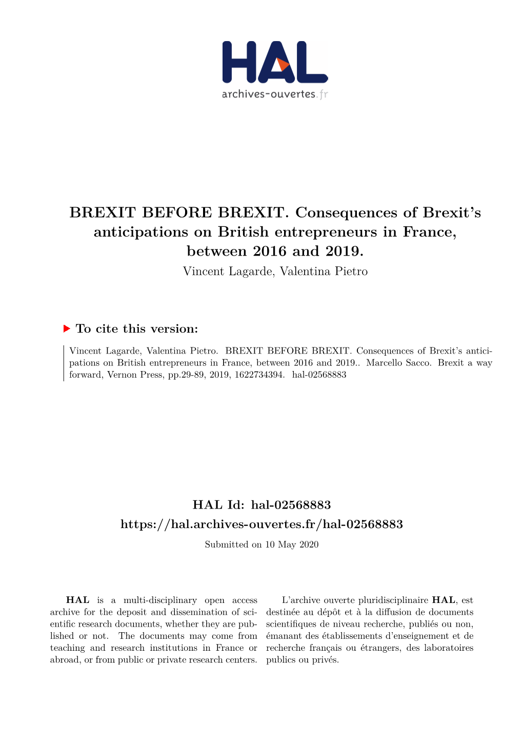 BREXIT BEFORE BREXIT. Consequences of Brexit's Anticipations on British Entrepreneurs in France, Between 2016 and 2019