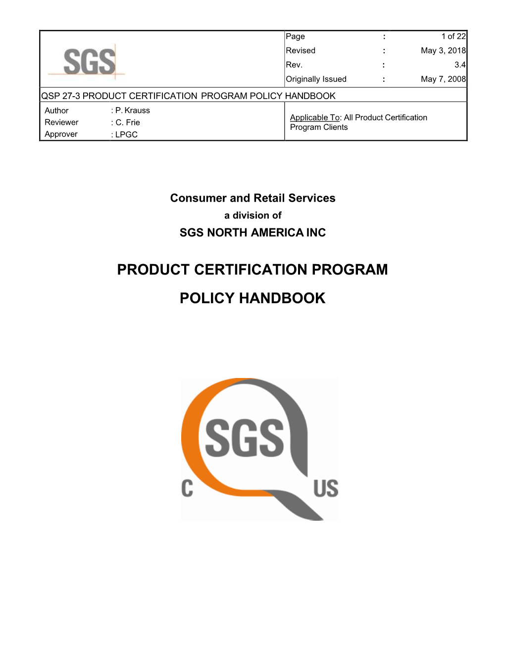 PRODUCT CERTIFICATION PROGRAM POLICY HANDBOOK Author : P