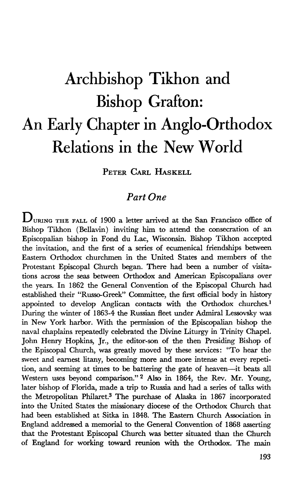 Archbishop Tikhon and Bishop Grafton: an Early Chapter in Anglo-Orthodox Relations in the New World