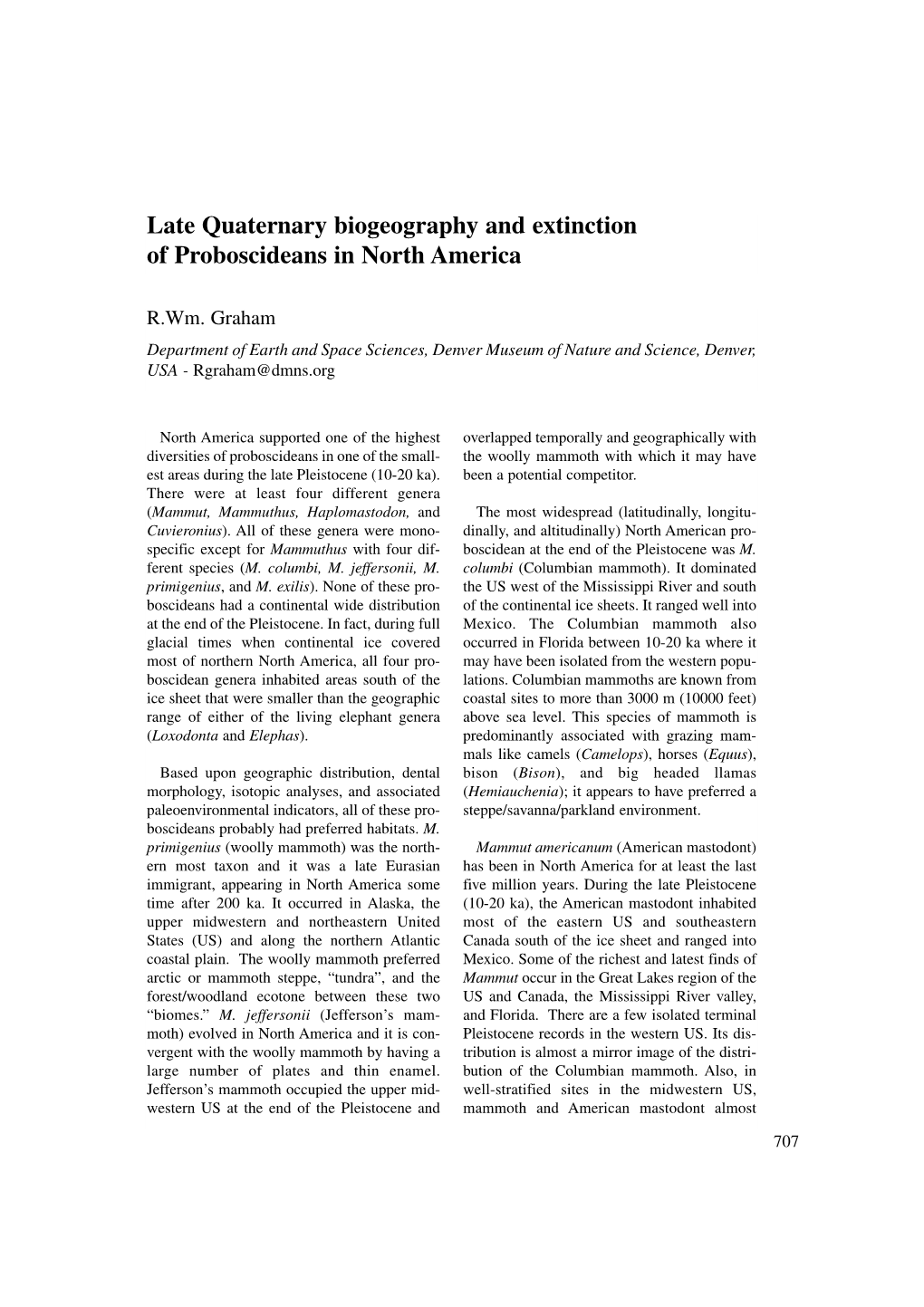 Late Quaternary Biogeography and Extinction of Proboscideans in North America