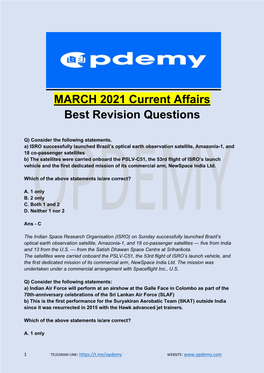 MARCH 2021 Current Affairs Best Revision Questions