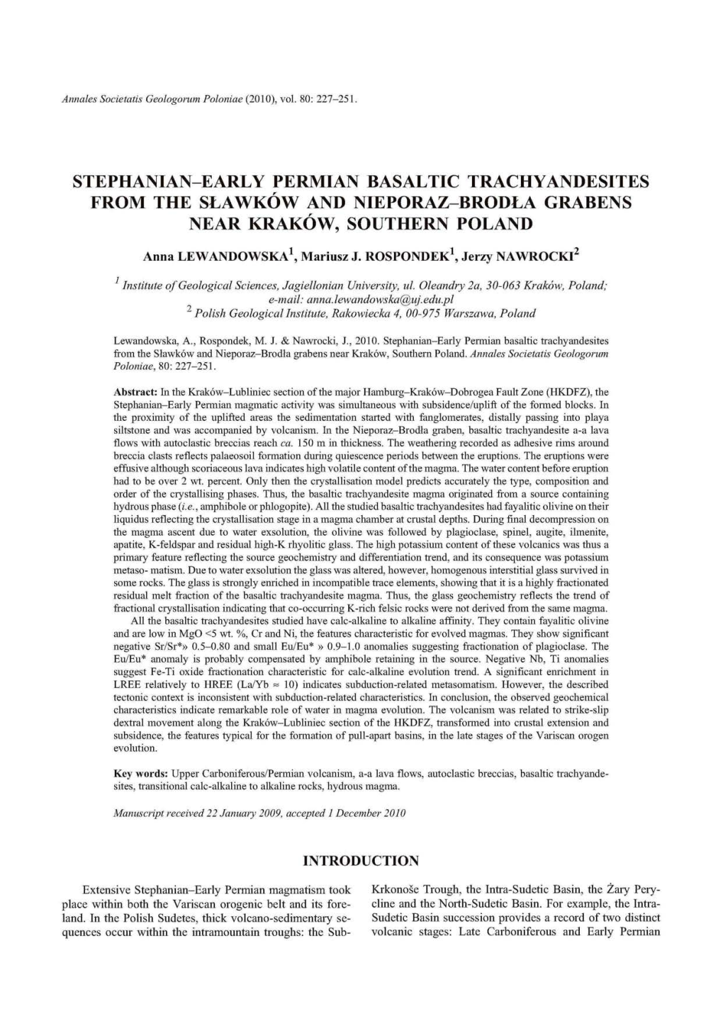 Stephanian-Early Permian Basaltic Trachyandesites from the Sławków and Nieporaz-Brodła Grabens Near Kraków, Southern Poland