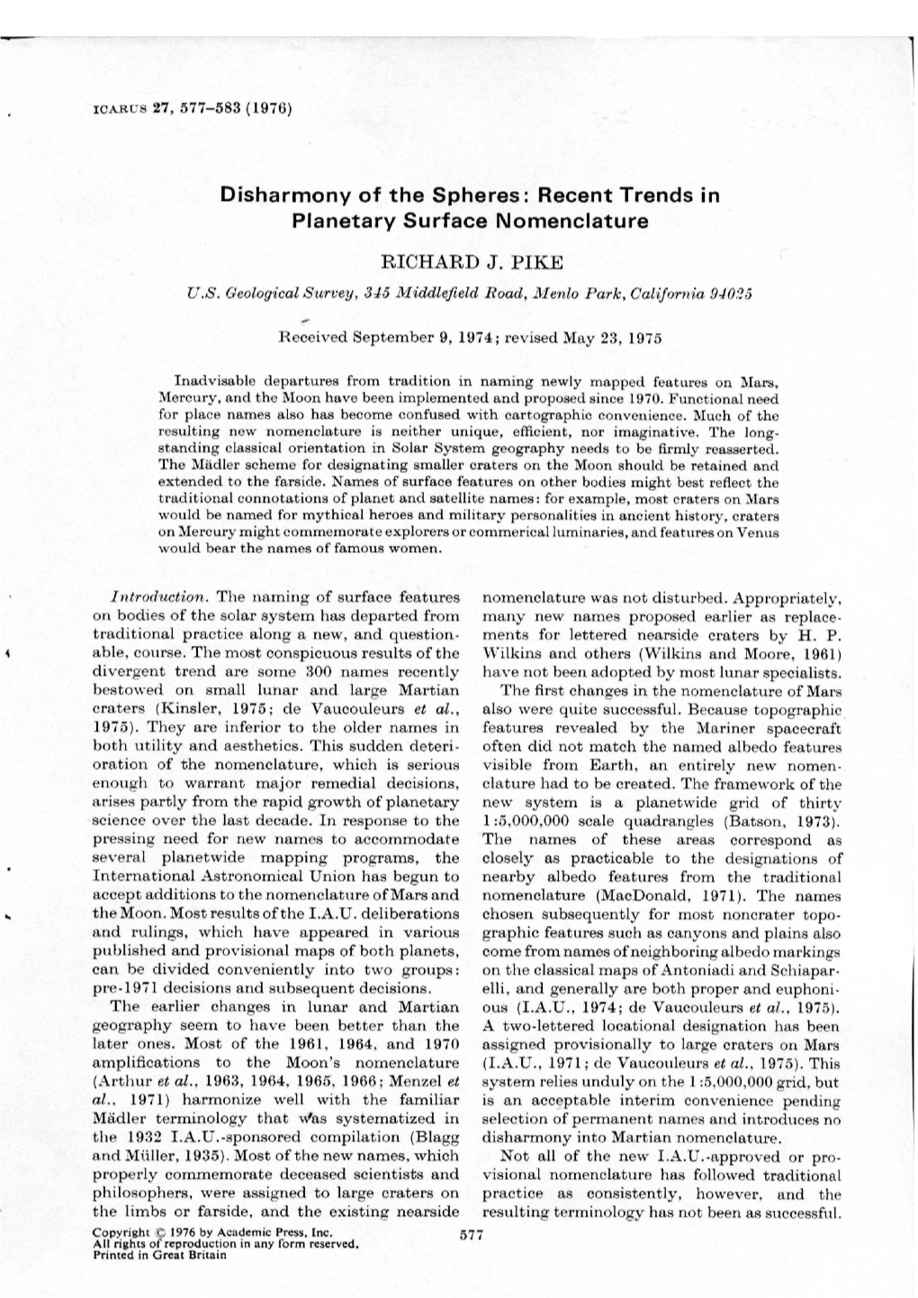 Recent Trends in Planetary Surface Nomenclature RICHARD J. PIKE