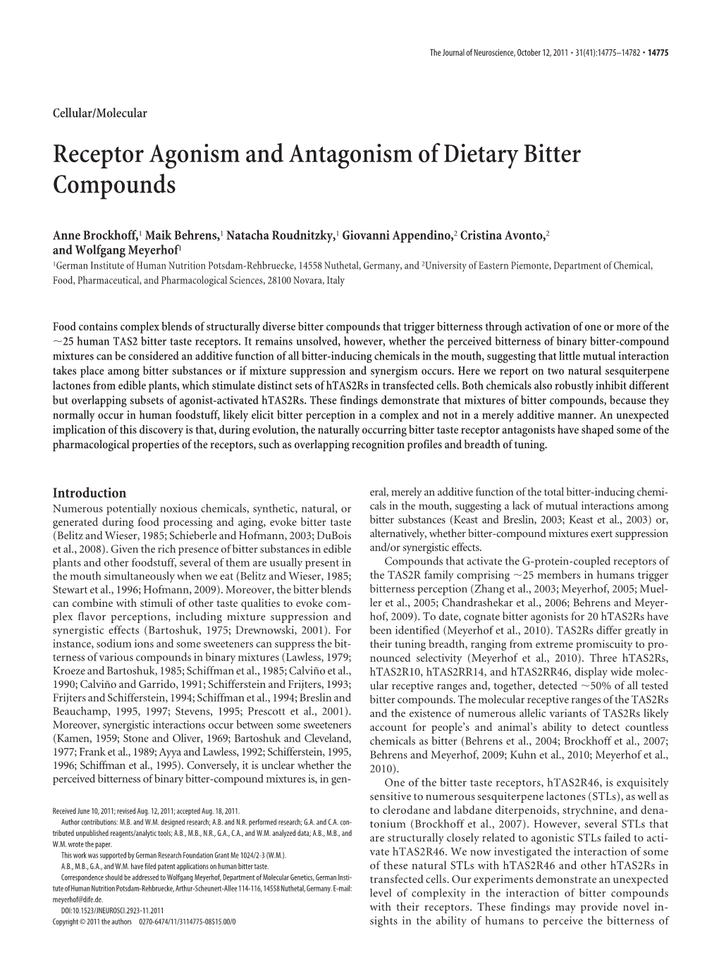Receptor Agonism and Antagonism of Dietary Bitter Compounds