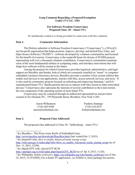 Long Comment Regarding a Proposed Exemption Under 17 U.S.C. 1201 for Software Freedom Conservancy Proposed Class: 20 – Smart T