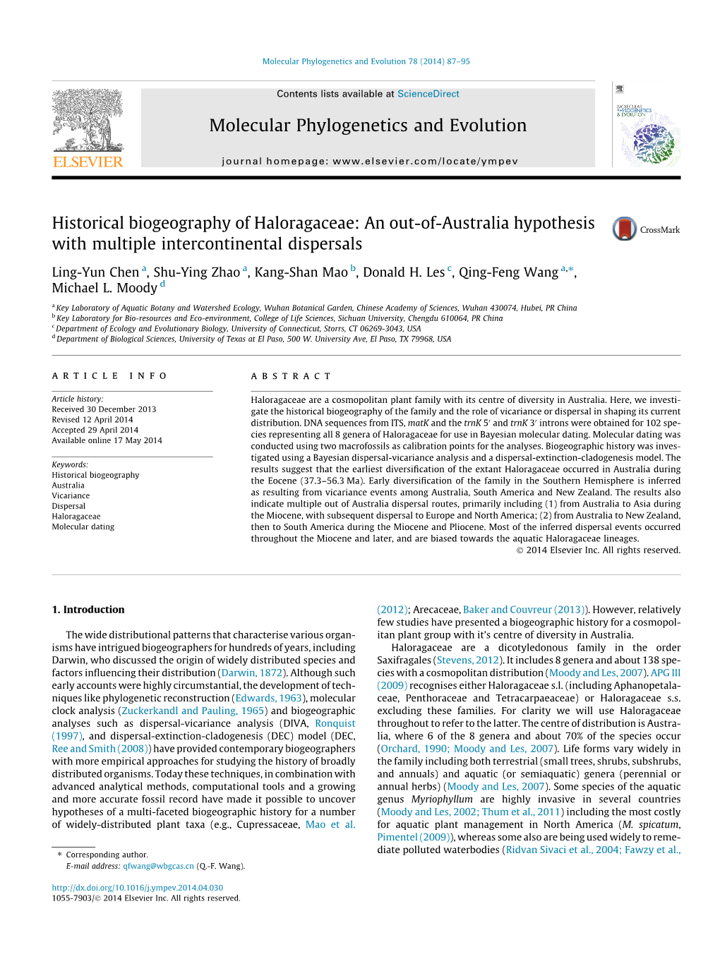 Historical Biogeography of Haloragaceae