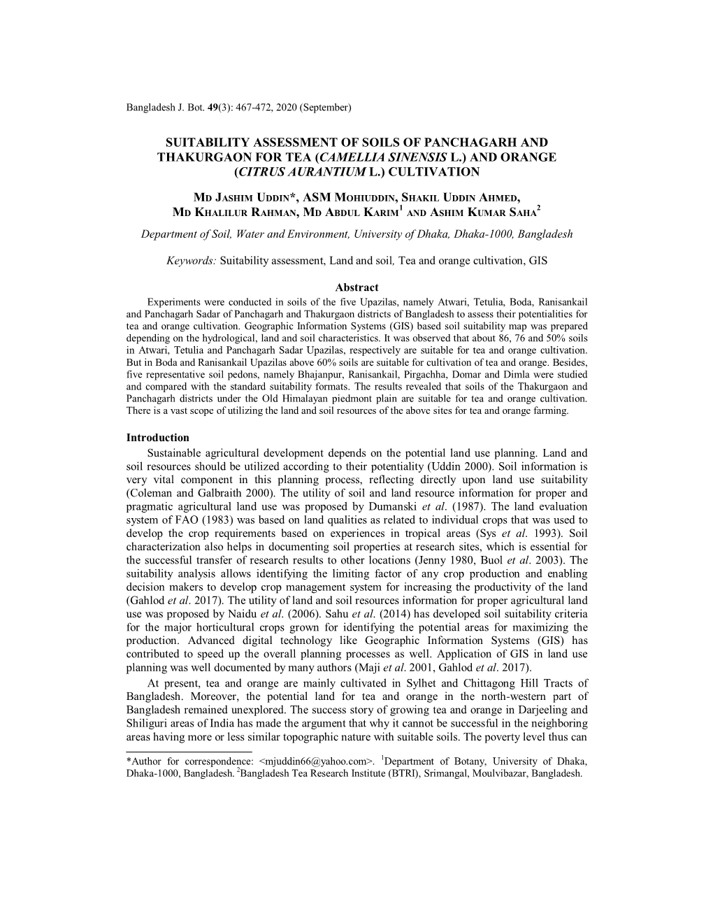 Suitability Assessment of Soils of Panchagarh and Thakurgaon for Tea (Camellia Sinensis L.) and Orange (Citrus Aurantium L.) Cultivation