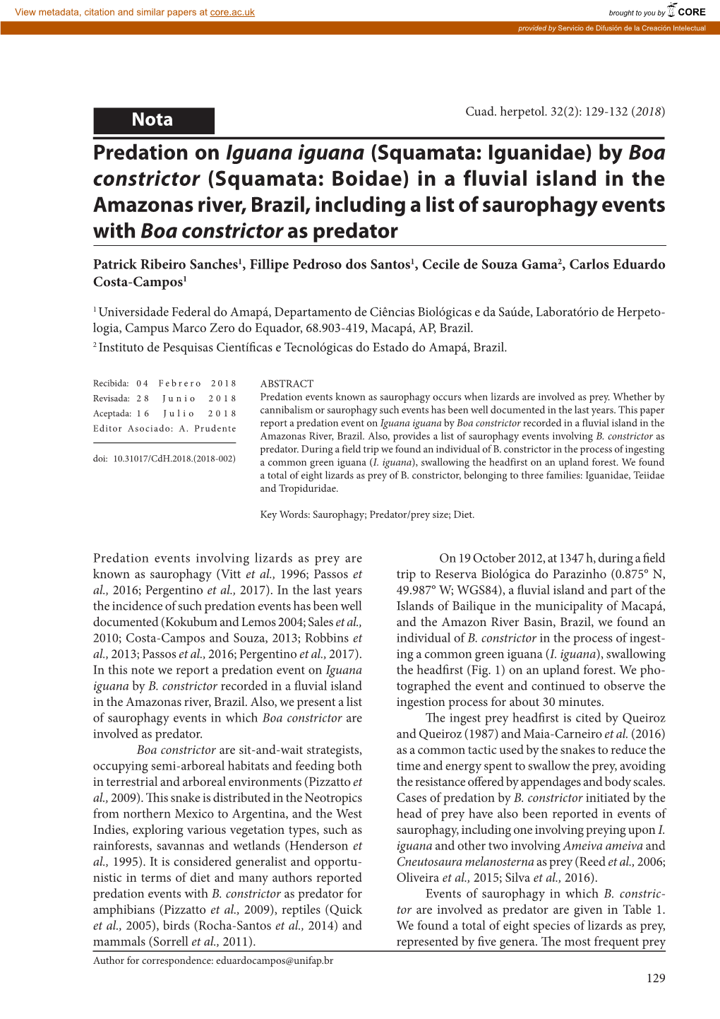 By Boa Constrictor (Squamata: Boidae) in a Fluvial Island in the Amazonas River, Brazil, Including a List of Saurophagy Events with Boa Constrictor As Predator