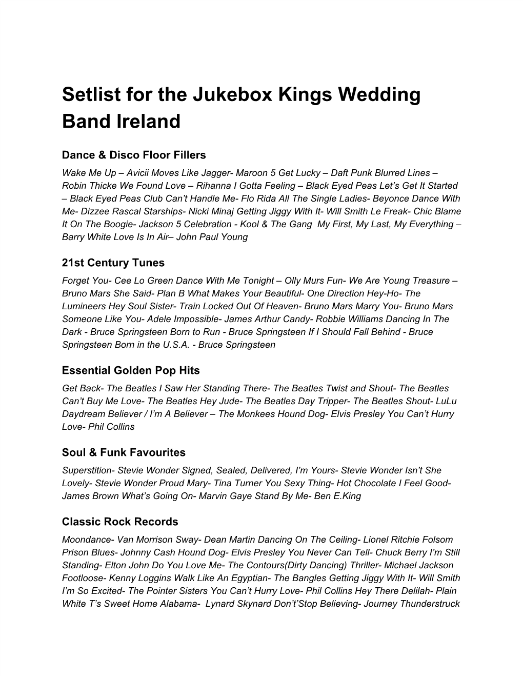 Setlist for the Jukebox Kings Wedding Band Ireland