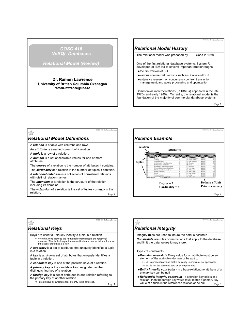 COSC 416 Nosql Databases Relational Model (Review