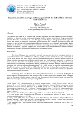 Secularism, Interfaith Marriages and Reengagement with the Study of Islam-Christian Relations in Ghana