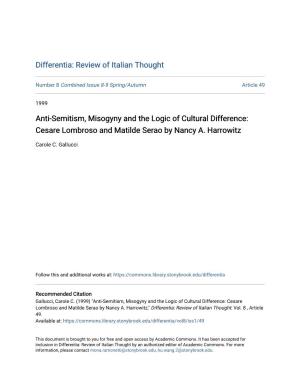 Anti-Semitism, Misogyny and the Logic of Cultural Difference: Cesare Lombroso and Matilde Serao by Nancy A. Harrowitz
