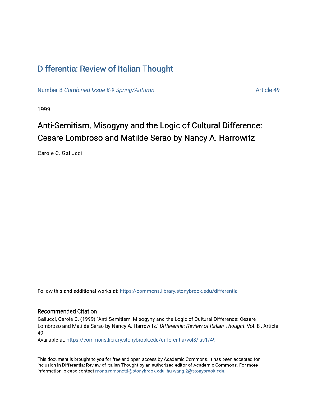Anti-Semitism, Misogyny and the Logic of Cultural Difference: Cesare Lombroso and Matilde Serao by Nancy A. Harrowitz