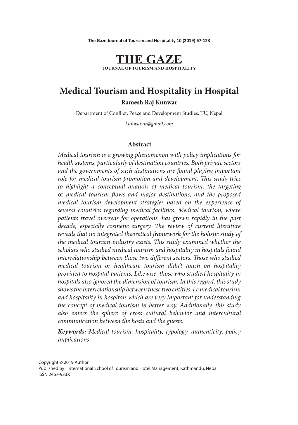 The Gaze Journal of Tourism and Hospitality 10 (2019) 67-123 the GAZE JOURNAL of TOURISM and HOSPITALITY