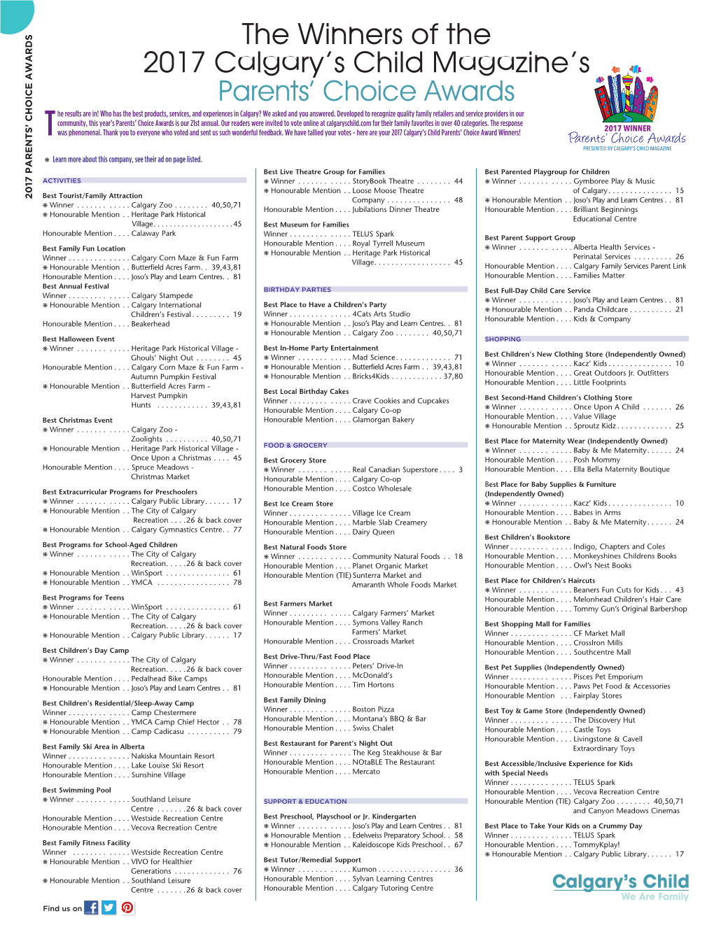 The Winners of the 2017 Calgary's Child Magazine's Parents' Choice