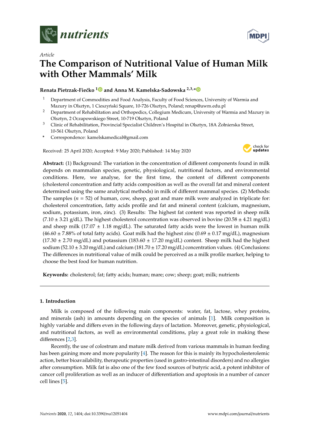 The Comparison of Nutritional Value of Human Milk with Other Mammals' Milk