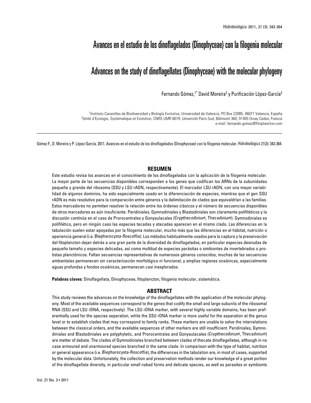 Avances En El Estudio De Los Dinoflagelados (Dinophyceae) Con La Filogenia Molecular