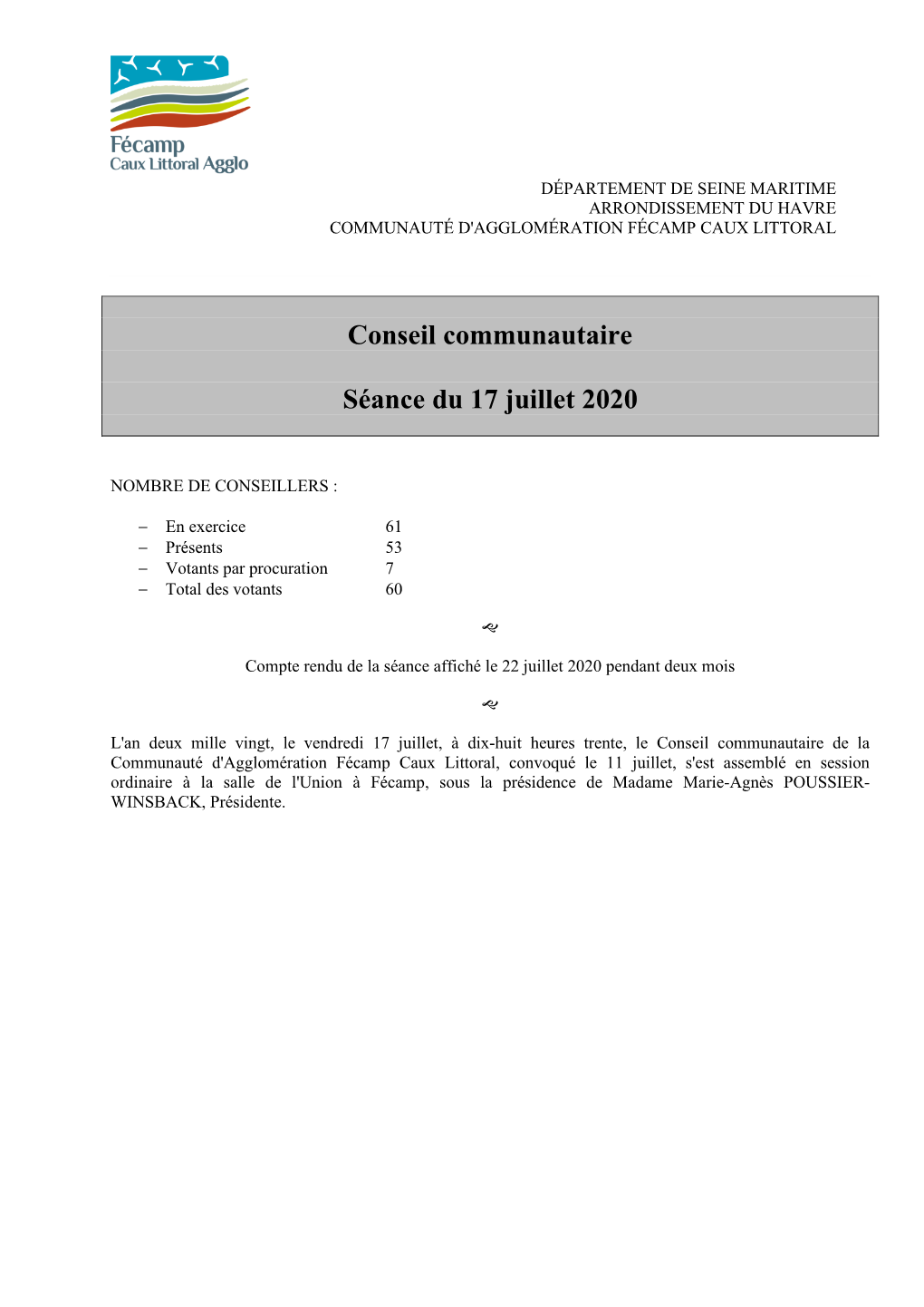 Conseil Communautaire Séance Du 17 Juillet 2020