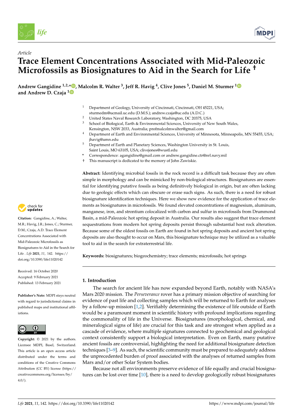 Trace Element Concentrations Associated with Mid-Paleozoic Microfossils As Biosignatures to Aid in the Search for Life †