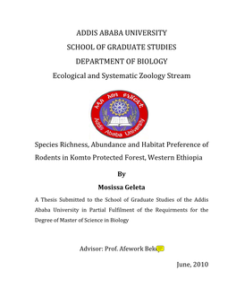 ADDIS ABABA UNIVERSITY SCHOOL of GRADUATE STUDIES DEPARTMENT of BIOLOGY Ecological and Systematic Zoology Stream