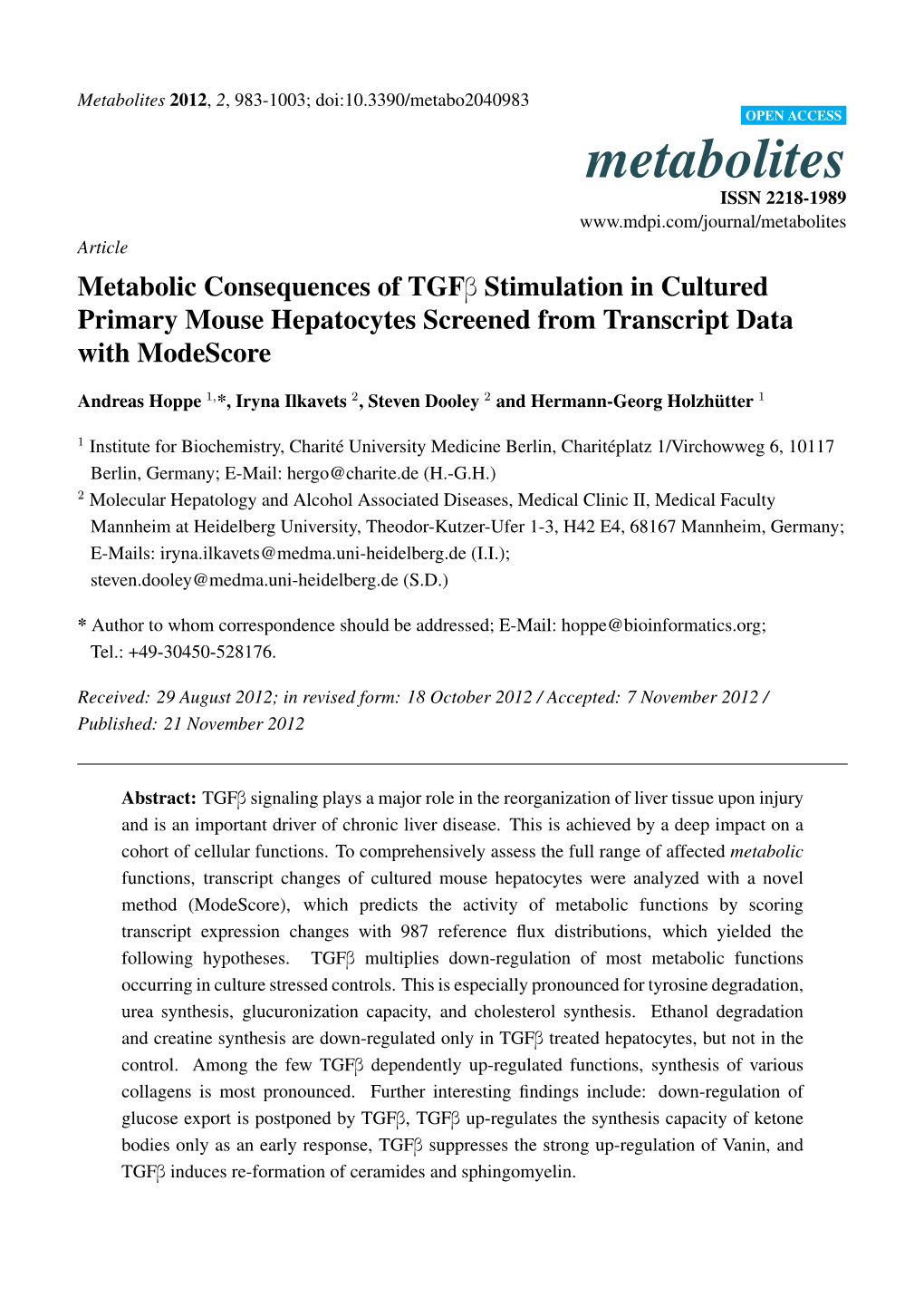 Metabolic Consequences of Tgfb Stimulation in Cultured Primary