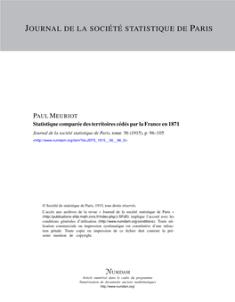 Statistique Comparée Des Territoires Cédés Par La France En 1871 Journal De La Société Statistique De Paris, Tome 56 (1915), P