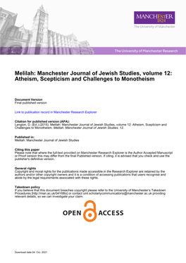 Manchester Journal of Jewish Studies, Volume 12: Atheism, Scepticism and Challenges to Monotheism