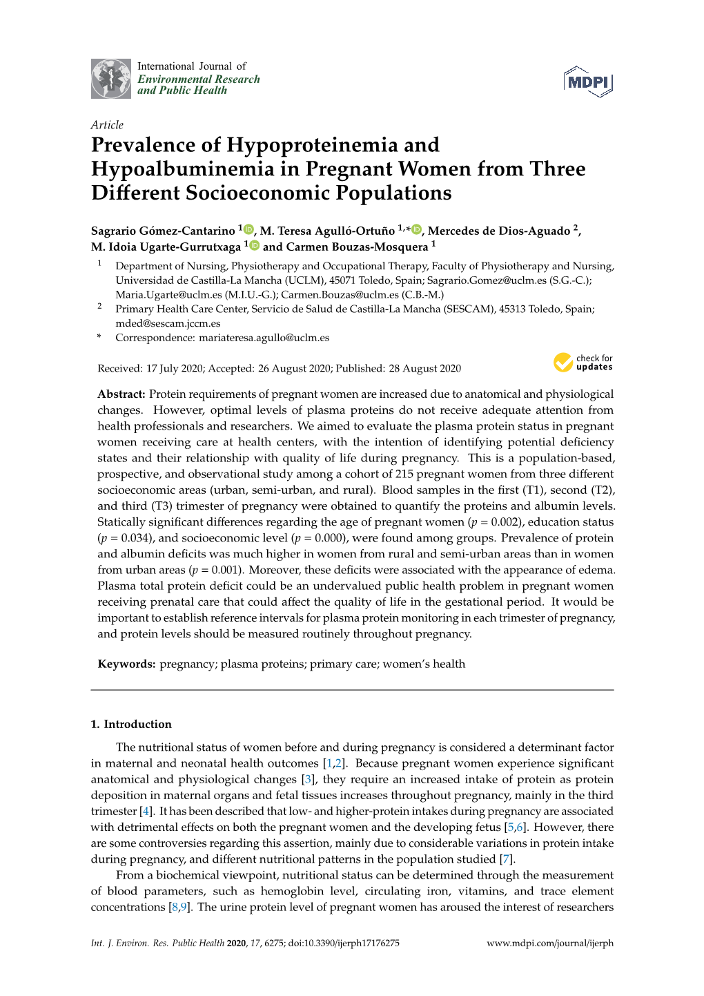 Prevalence of Hypoproteinemia and Hypoalbuminemia in Pregnant Women from Three Different Socioeconomic Populations