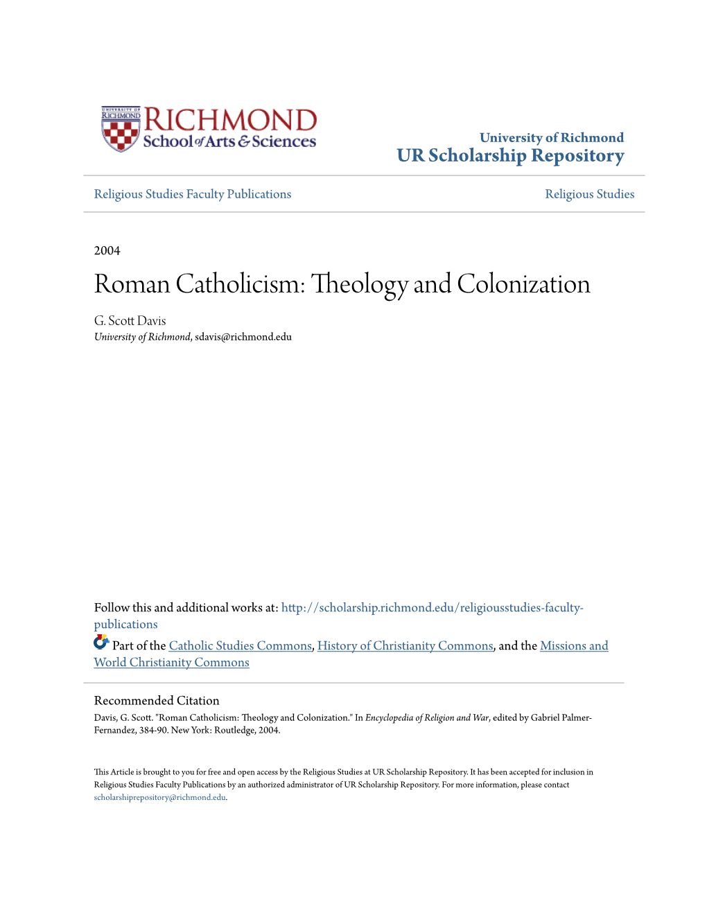 Roman Catholicism: Theology and Colonization G