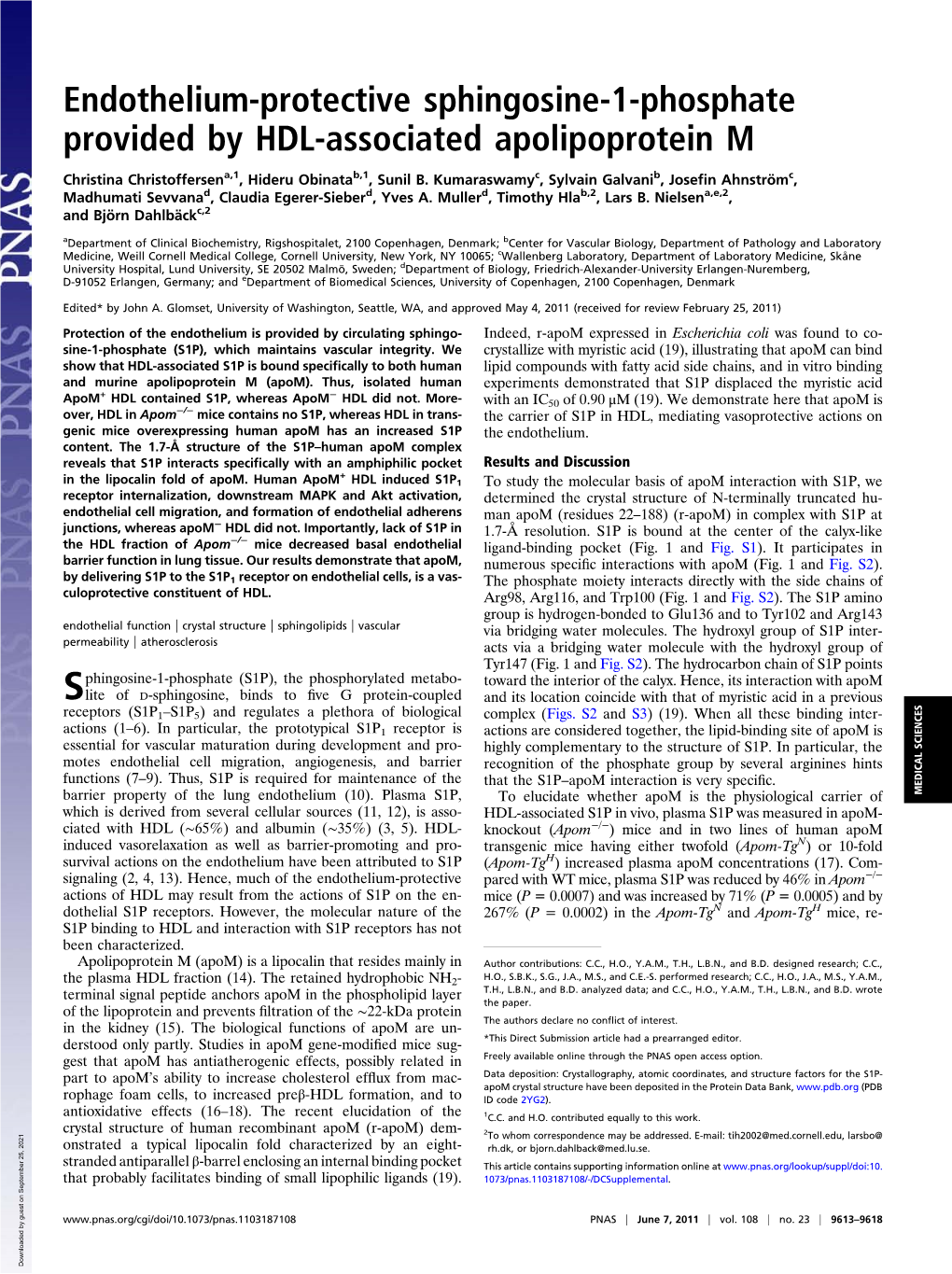 Endothelium-Protective Sphingosine-1-Phosphate Provided by HDL-Associated Apolipoprotein M