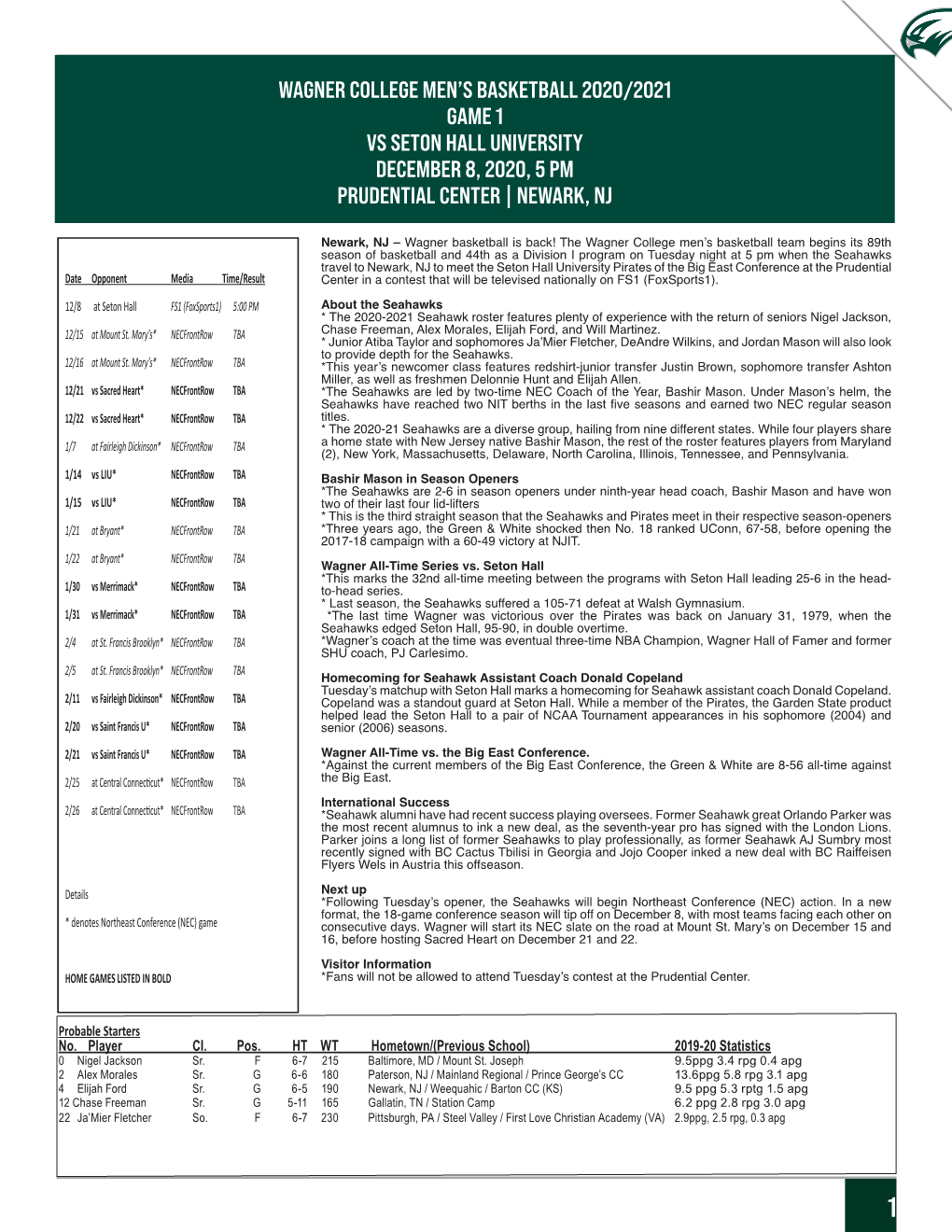 Wagner College Men's Basketball 2020/2021 Game 1