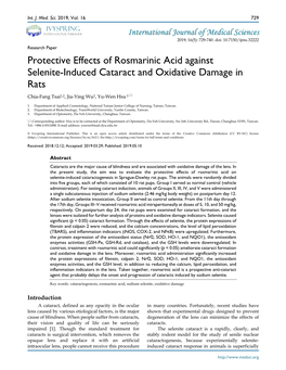 Protective Effects of Rosmarinic Acid Against Selenite-Induced Cataract and Oxidative Damage in Rats Chia-Fang Tsai1,2, Jia-Ying Wu2, Yu-Wen Hsu 3 