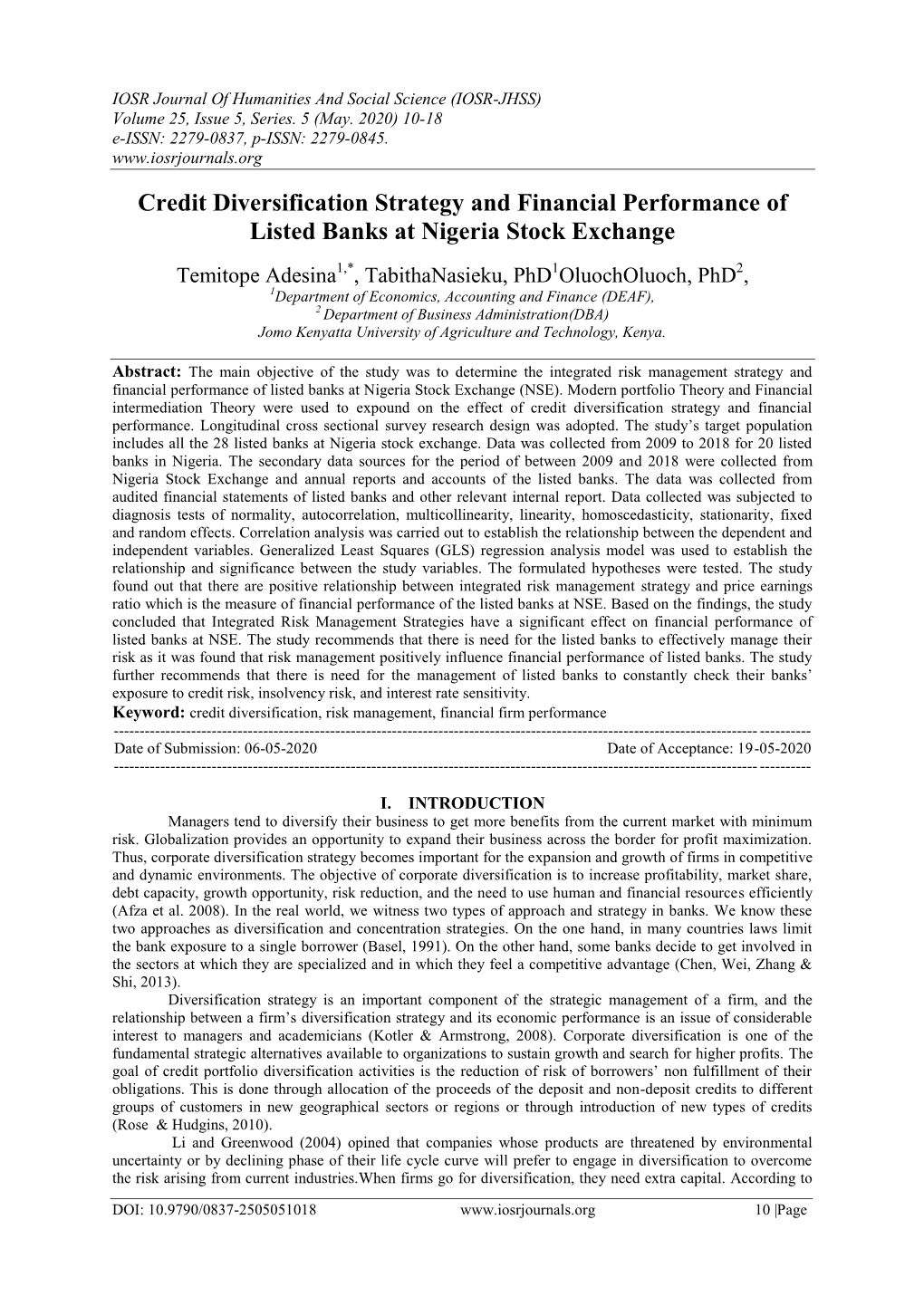 Credit Diversification Strategy and Financial Performance of Listed Banks at Nigeria Stock Exchange