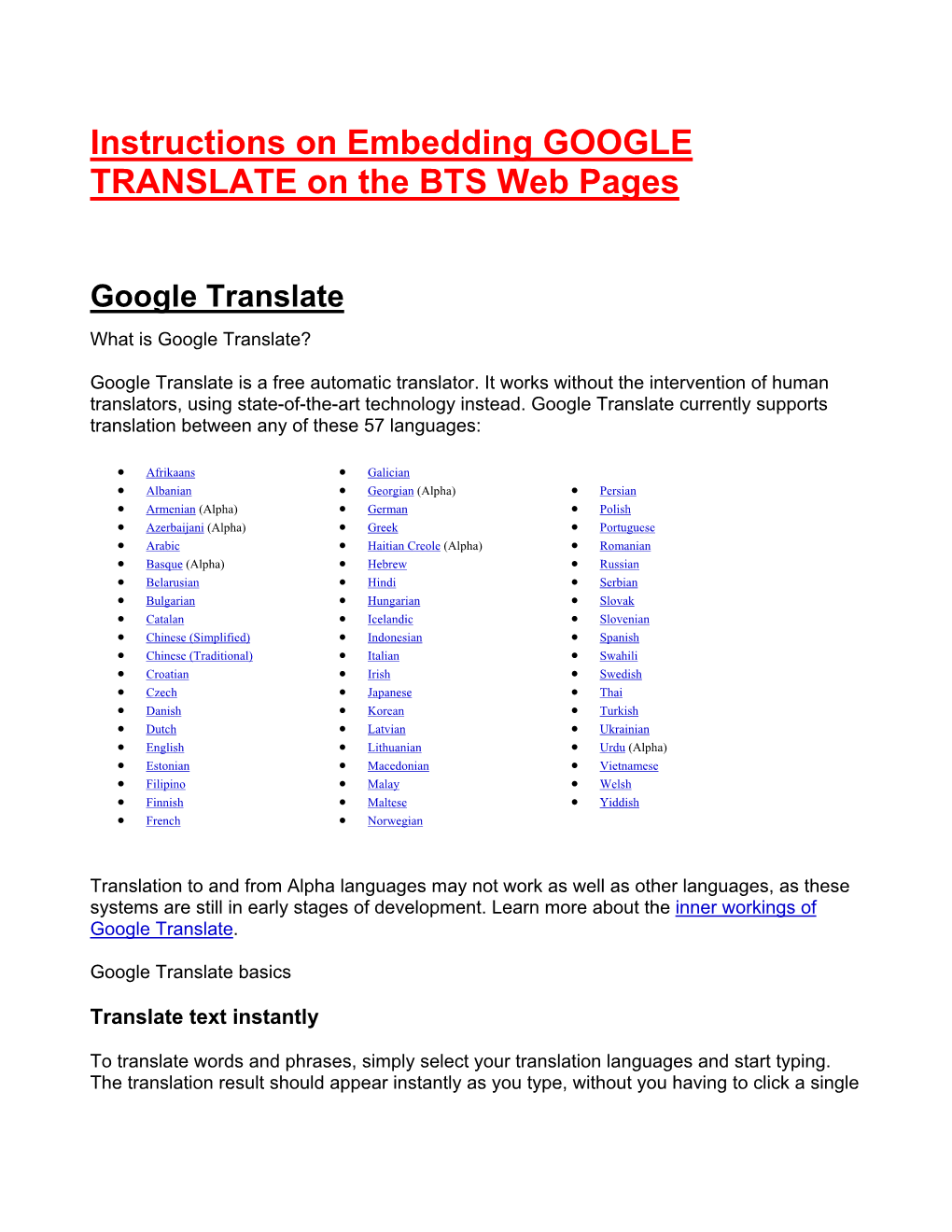 Instructions on Embedding GOOGLE TRANSLATE on the BTS Web Pages