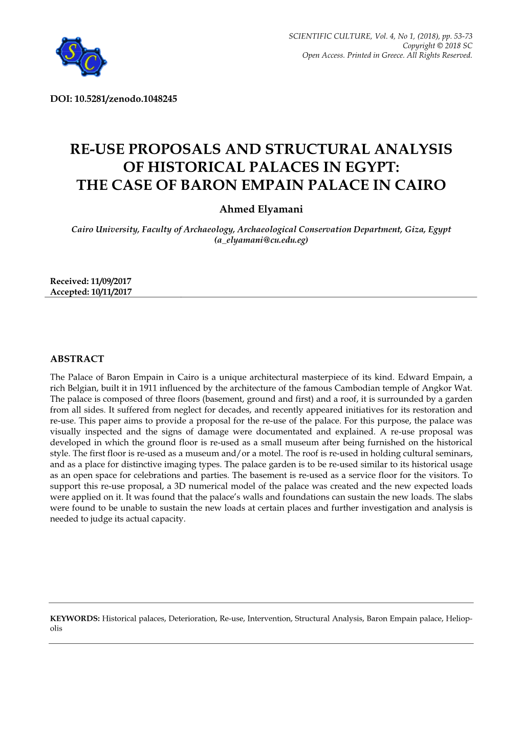 Re-Use Proposals and Structural Analysis of Historical Palaces in Egypt: the Case of Baron Empain Palace in Cairo