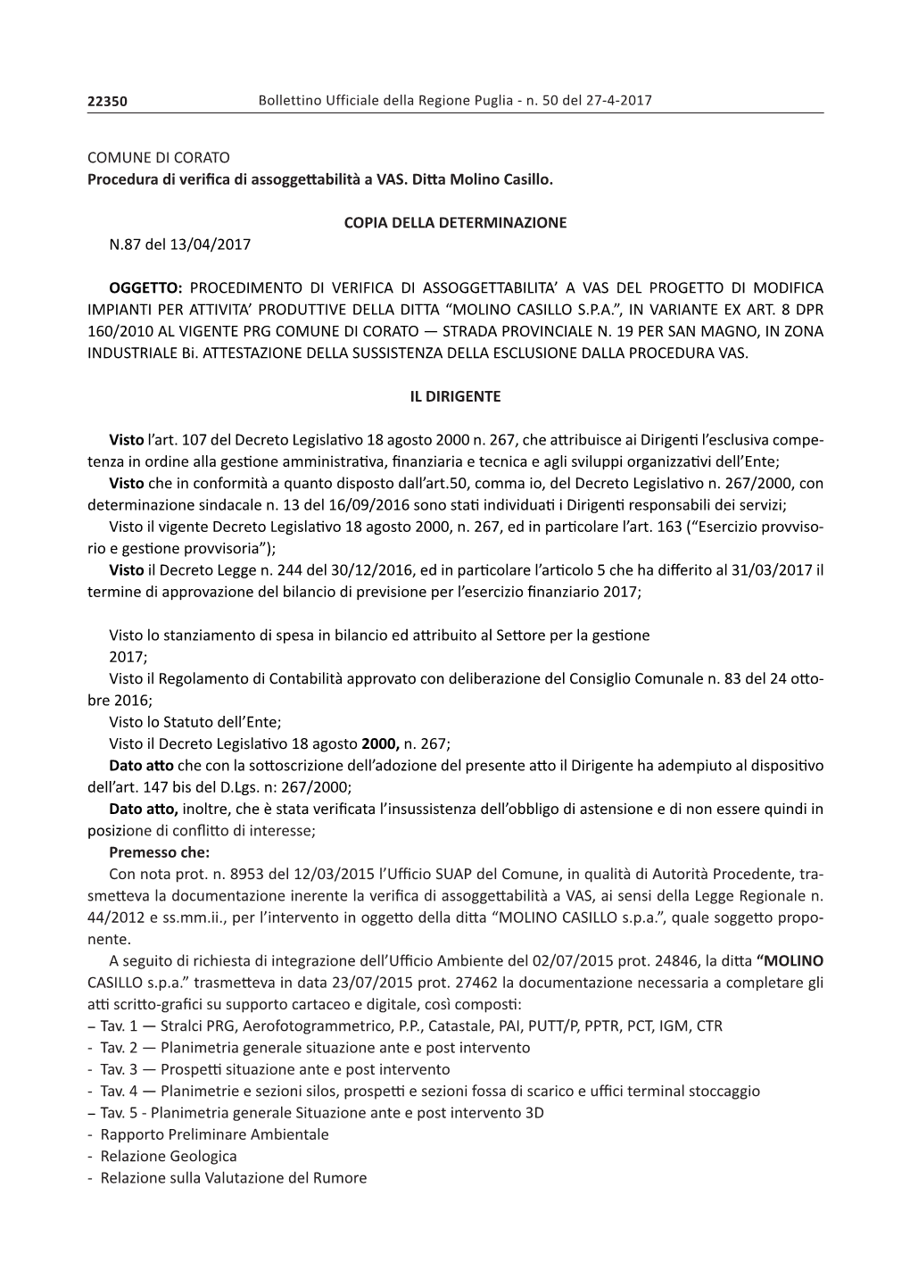 COMUNE DI CORATO Procedura Di Verifica Di Assoggettabilità a VAS