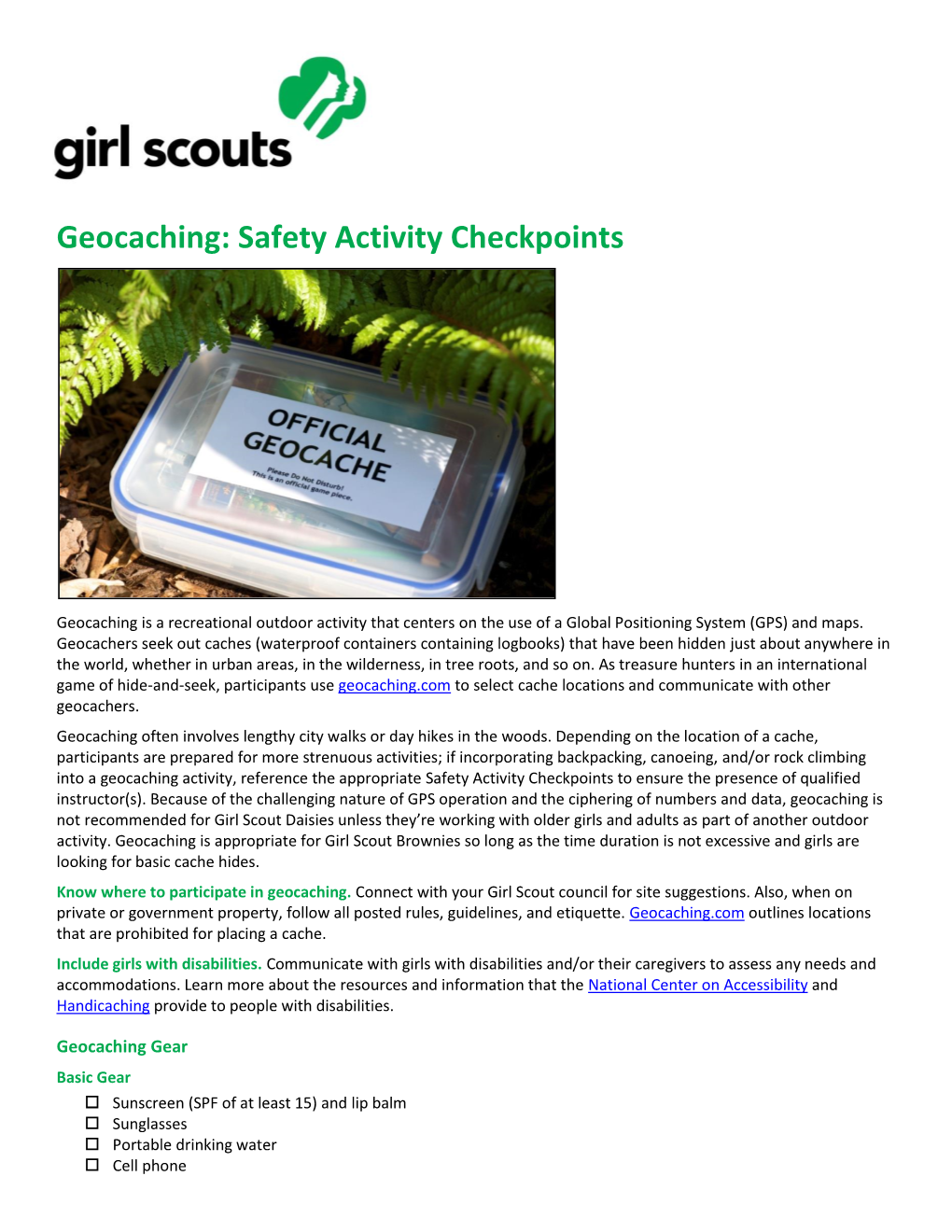 Geocaching: Safety Activity Checkpoints