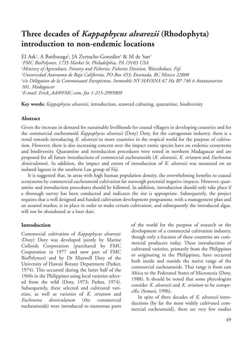 Three Decades of Kappaphycus Alvarezii (Rhodophyta) Introduction to Non-Endemic Locations