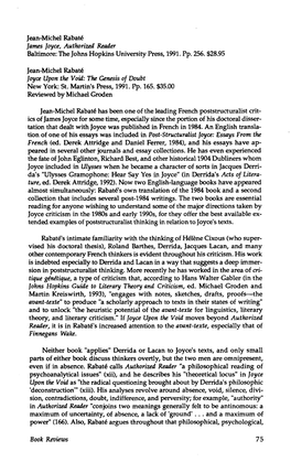 Jean-Michel Rabaté James Joyce, Authorized Reader Baltimore: the Johns Hopkins University Press, 1991