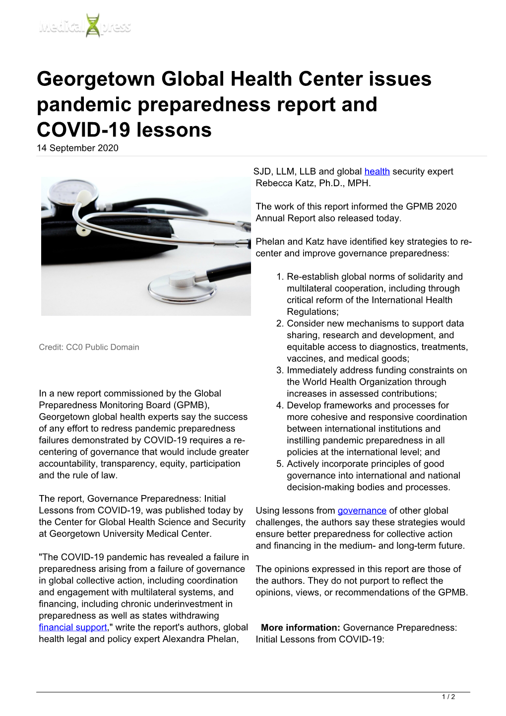 Georgetown Global Health Center Issues Pandemic Preparedness Report and COVID-19 Lessons 14 September 2020