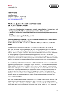 Michael-Julius Renz Becomes Head of Audi Sport Gmbh