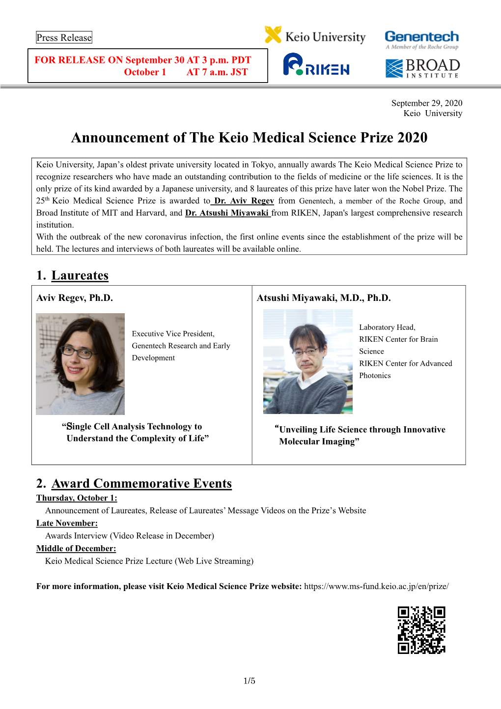 The Keio Medical Science Prize 2020