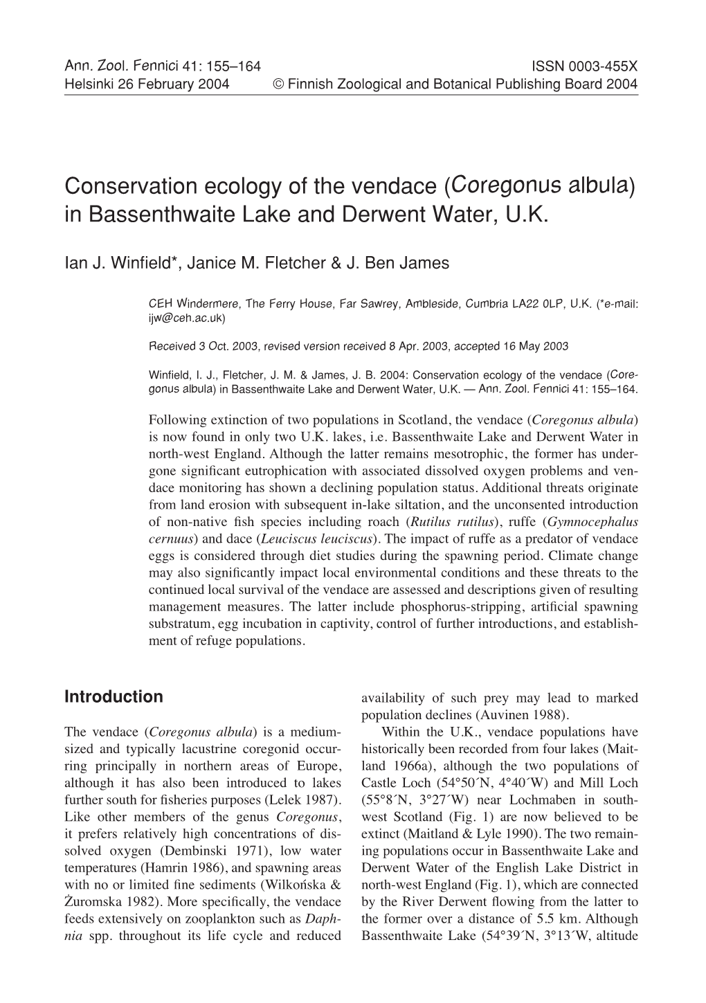Conservation Ecology of the Vendace (Coregonus Albula) in Bassenthwaite Lake and Derwent Water, U.K