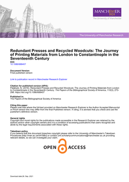 Redundant Presses and Recycled Woodcuts: the Journey of Printing Materials from London to Constantinople in the Seventeenth Century DOI: 10.1086/688407