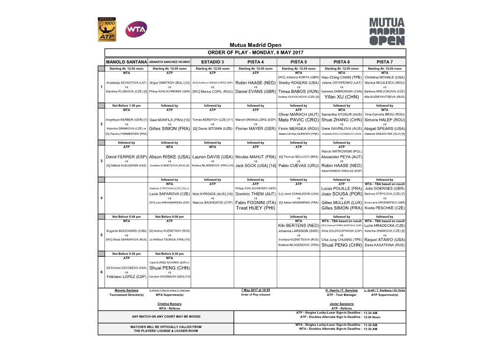 Mutua Madrid Open ORDER of PLAY - MONDAY, 8 MAY 2017