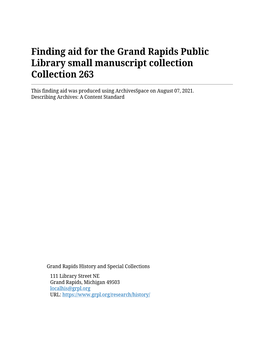 Finding Aid for the Grand Rapids Public Library Small Manuscript Collection Collection 263