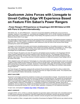 Qualcomm Joins Forces with Lionsgate to Unveil Cutting Edge VR Experience Based on Feature Film Saban's Power Rangers
