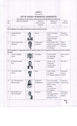 LIST of VALIDLY NOMINATED CANDIDATES Bye-Election to the House of People from O2-BELGAUM Constituency Sl