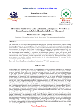 Adventitious Root Derived Callus Culture and Anthraquinone Production in Gynochthodes Umbellata (L.) Razafim